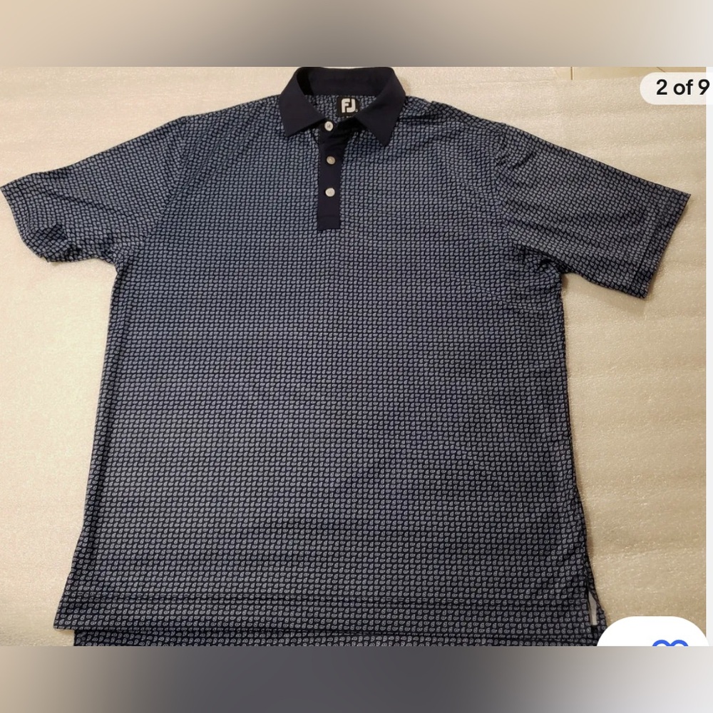 Like new FootJoy FJ Men's Large Navy Lisle Paisley Print Self Collar Polo Shirt